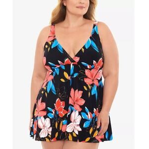 SWIM SOLUTIONS Black Pink Floral Print One Piece Swim Dress 18  $119 - NWT